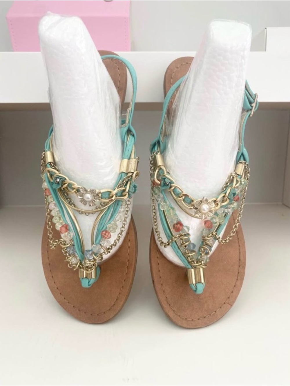 Beaded Teal T-Strap Women's Sandals with Gold Chain Detail